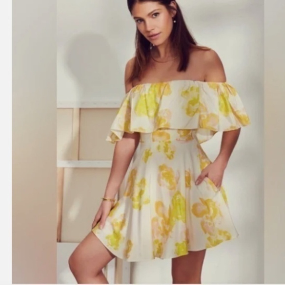 Amanda Uprichard Delilah Yellow Silk Off The Shoulder Mini Fit Flare Dress XS